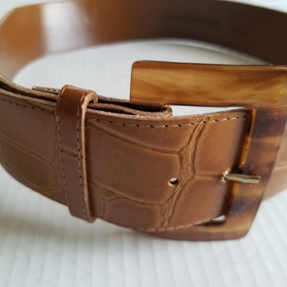 Vtg Blassport Caramel Embossed Croc Leather Belt Faux Tortoiseshell Buckle M